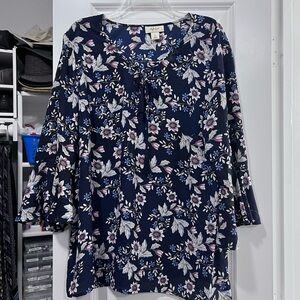 Blue and White Tassel Tie Front Blouse